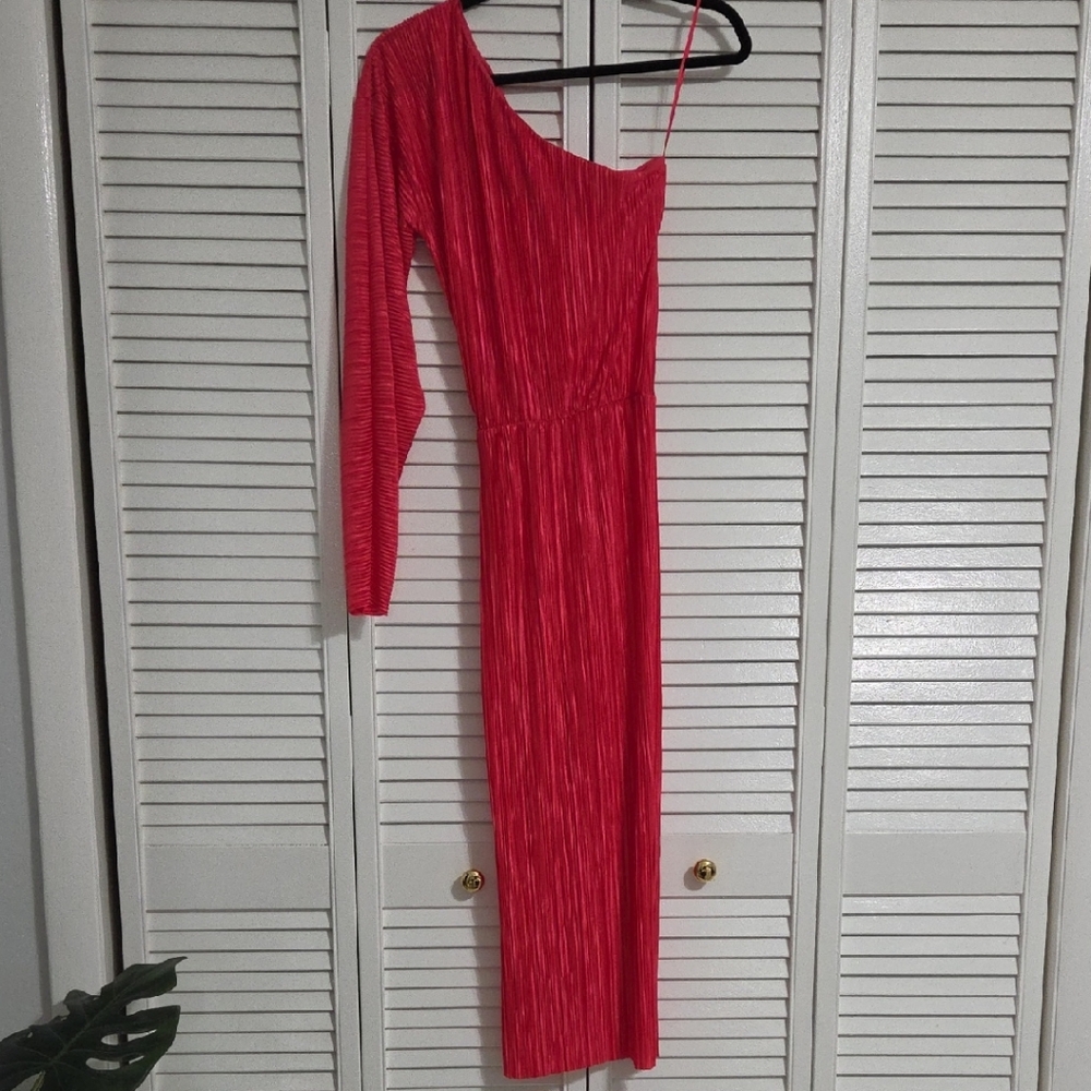 ASOS One-Shoulder Fuchsia Pleated Midi Dress